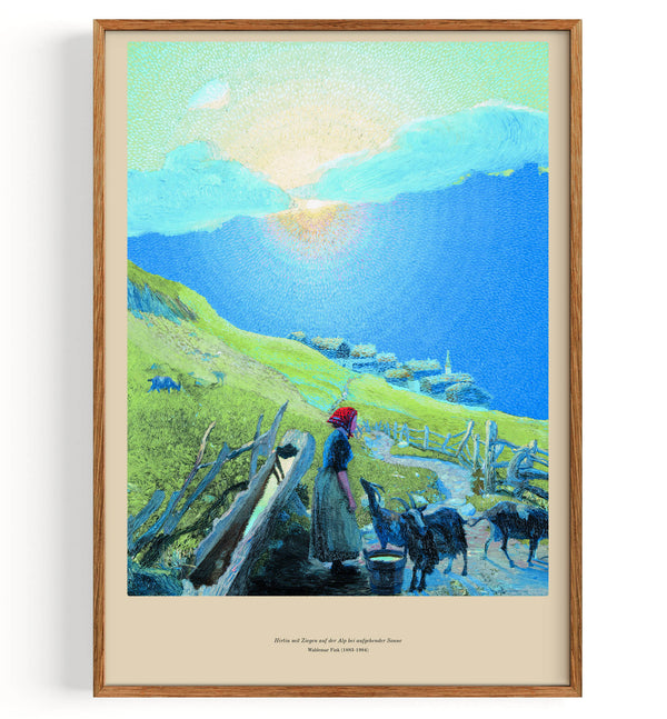 Shepherdess with goats on the alp at rising sun (1883-1984)